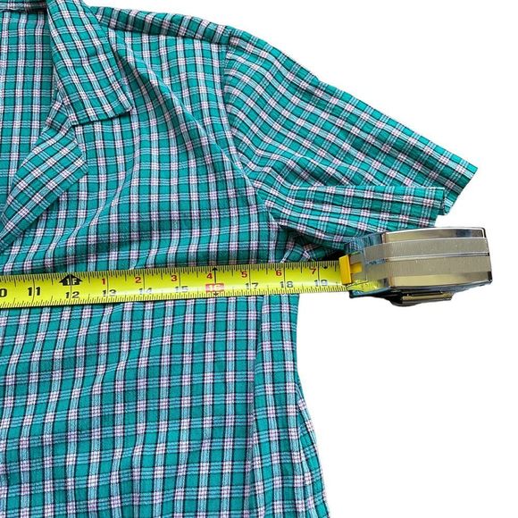  Vintage textured collared Checkered Short sleeveaqua button up size M - Picture 4 of 4